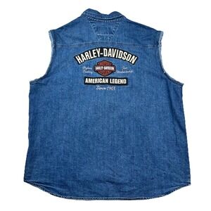 Vintage Harley Davidson Vest Mens 2XL Embroidered Logo Snap Denim Biker 90s Y2K